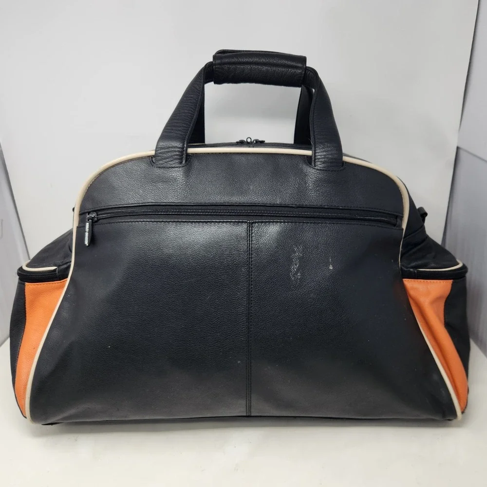 Harley-Davidson Black Leather Duffle Bag Orange Trim Biker Travel Weekend Bag